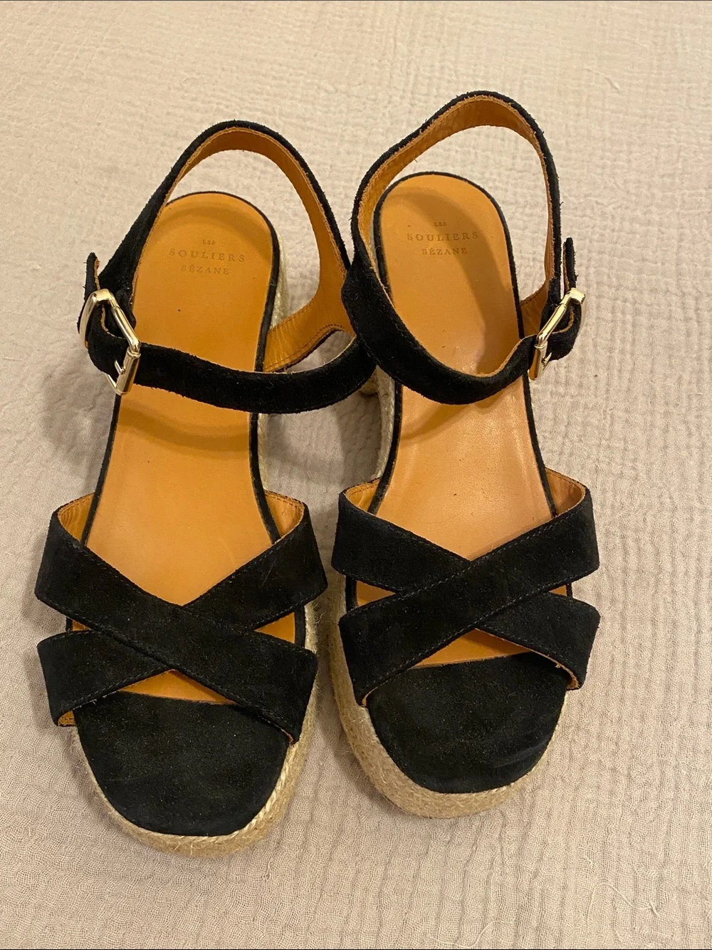 Sezane Black Suede Espadrille Platform Sandals - Women. Size 41